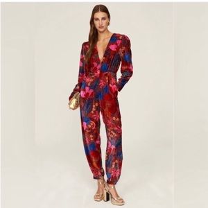 Farm Rio Red Wild Life Floral Print Velvet Jumpsuit In Snake Garden